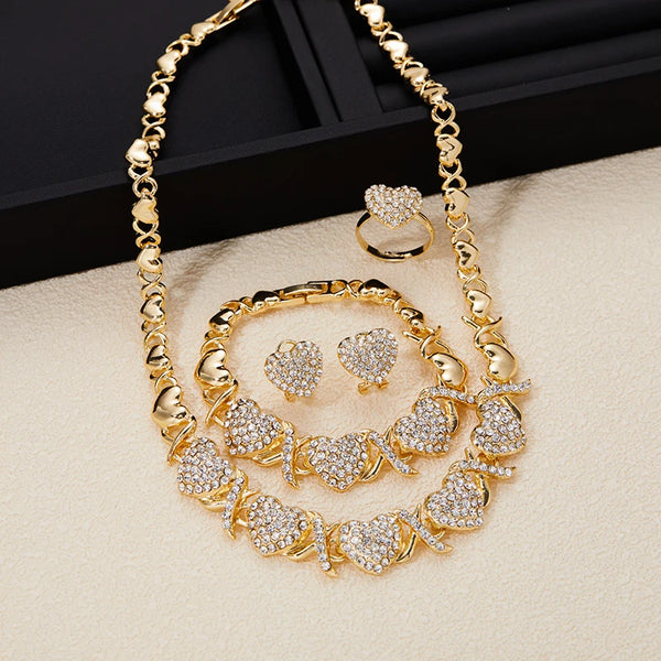 Luxury Sparkling Inlaid Zirconia Heart Patchwork Necklace Bracelet Women's Fashion Jewelry Set Holiday Accessories 4pcs/set