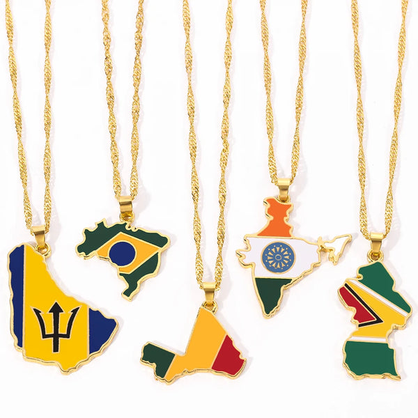 Country Map Flag Pendant Necklace Women Men Brazilian India Republic of Mali Neck Chain Hip Hop Jewelry For Friendsss Gifts