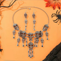 Halloween Jewelry Set Punk Retro Statement Alloy Skull Tassel Necklace and Earrings Women's Party Accessories