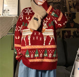 Christmas Reindeer Pullover Sweater Long Sleeve Red Loose Lazy Knitwear Horean Casual O Neck Hiphop Bf Couple Harajuku Y2K Top