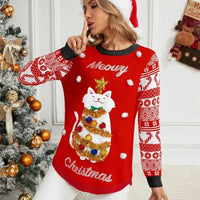 Y2k Style Women's Christmas Sweaters 3d Cartoon Cat Knitted Jumper Full Sleeve O Neck Soft Loose Knitwear Xmas Look Pullover Top