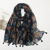Ethnic Printed Cotton Hijab Viscose Tassels Scarf For Muslim Woman Hijabs Shawls Lady Soft Long Wraps Islim Headband Turban