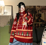 Christmas Reindeer Pullover Sweater Long Sleeve Red Loose Lazy Knitwear Horean Casual O Neck Hiphop Bf Couple Harajuku Y2K Top