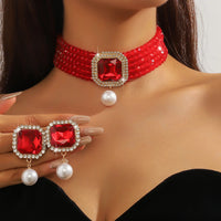 FYUAN Multilayer Green Red Blue Black Crystal Necklace Geometric Square Pearl Earrings For Women Weddings Banquet Jewelry Sets