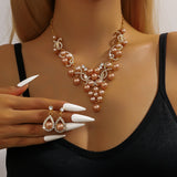 3pcs women's jewelry set, alloy water droplet shaped flower pearl necklace earrings, bride's wedding accessories