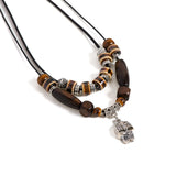 Handcrafted Ceramic Beaded Necklace Adjustable Boho Jewelry Brown Tones Totem Tiger Pendant Ethnic for Men&Women S02-049