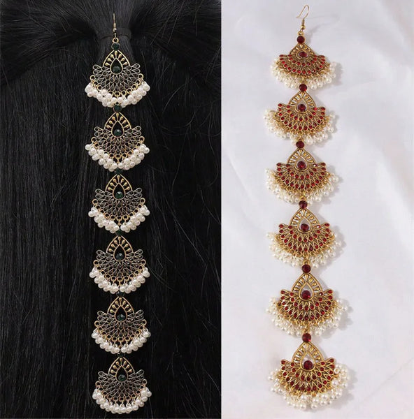 Vintage Hollow Hair Accessories For Women Crystal Stone Simulated Pearl Beads Tassel Head Chain Ethnic Style Women's Accesories