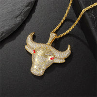 Fashion Animal Bull Head Pendant Necklace For Men Hiphop Iced Out Bling Micro Paved Red CZ Necklace Punk Rock Biker Jewelry