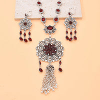 Gypsy India Ethnic Style Water Drop Pendant Geometric Crystal Necklace Earrings For Women Retro Silver Plated Bohemian Jewelry