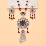 Gypsy India Ethnic Style Water Drop Pendant Geometric Crystal Necklace Earrings For Women Retro Silver Plated Bohemian Jewelry