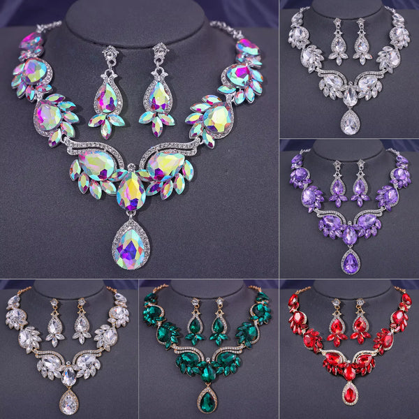 Fashion Crystal Necklaces Multiple Colors Rhinestone Choker Necklaces earrings set for Women Bridal Weddings Jewelry Party