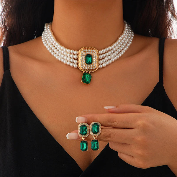 1Set Luxury Multilayer Imitation Pearl Necklace Earrings For Women Girls Temperament Jewelry Bridal Rhinestone Wedding Jewelry