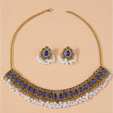 Ethnic Style Vintage Choker Necklace Earrings Set For Women Simulated Pearl Beads Jewelry Sets Resin Stone Crystal Jewelry Set