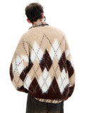 Spliced Christmas Hot Red Diamond Grid Top Checkered Round Neck Knit Long Sleeve Retro Sweater Women Street Design Loose Casual