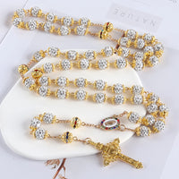 2025New Vintage Catholic 10mm 59 Crystal Rhinestone Beads Cross Necklace