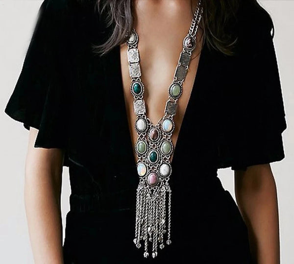Vintage Silver Plated Gold Plated Chain Bead Stone Long Tassel Pendant Women's Necklace Suitable for Women's Party Jewelry Gifts