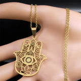 Hamsa Hand Muslims Judaism Hollow Necklace for Women Hand of Fatima Lotus Flower Stainless Steel Necklaces Jewelry Gift N8083S04
