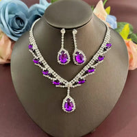 Explosive rhinestone necklace earring set, bridal jewelry, purple water droplet jewelry, three piece set