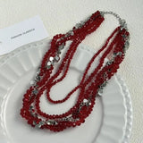 Luxurious Multi-Layer Red Beaded Flower Tassel Necklace Fashionable Choker High-End Clavicle Chain Jewelry Accessory