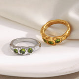 E.B.belle New Vintage Style Three Green Zircon Ring PVD Plated 316L Stainless Steel Simple Women Statement Finger Chic Jewelry