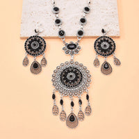 Gypsy India Ethnic Style Water Drop Pendant Geometric Crystal Necklace Earrings For Women Retro Silver Plated Bohemian Jewelry