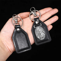 PU Leather Keychain Saint Christopher Charm Pendant Men Antique Bronze Plated Hook Keychain Car Keychain