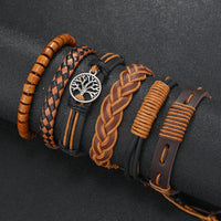 Red 6 Pc/set Tree Black Wrap Woven Handmade Wood Beads Bracelets Male Women Leather Bracelets Men Bangle Wholesale Jewelry Gift