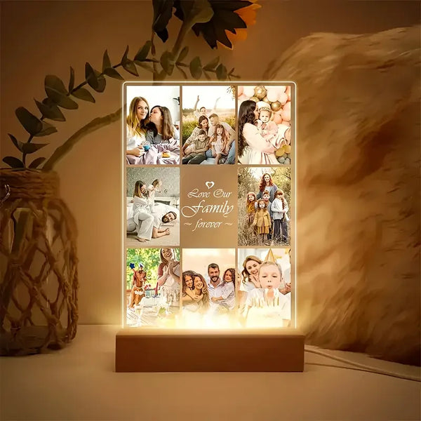 Customizable 8 Photos Acrylic 3D Light Plaque Family Warm Display Picture Frame With Wooden Base Ideal Memorial Couples Gift
