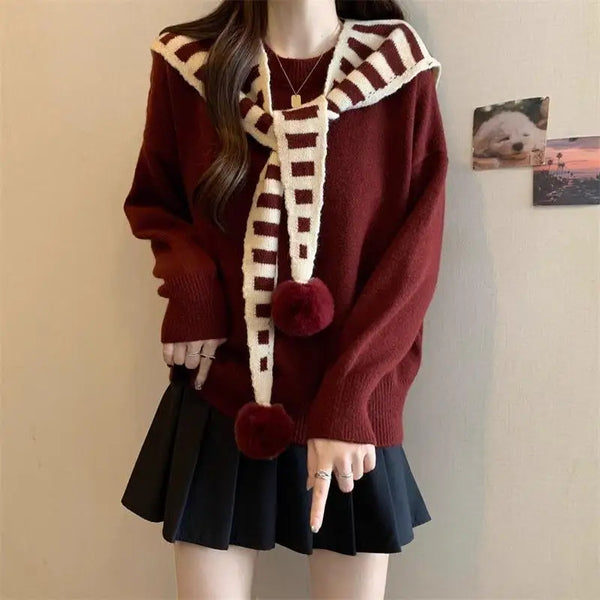 Autumn Winter Shawl Two-piece Set Ancora Red Pullover Sweater for Women Autumn and Winter New Christmas Navy Collar Top Trendy