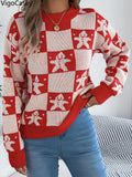 VigoCasey 2025 Autumn Winter Christmas Knitted Sweater Women Casual Plaid Print Pullover Lady Lantern Long Sleeve Loose Jumper