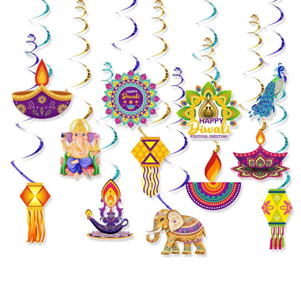 12Pcs/Pack Happy Diwali Party Spiral Banner Swirl Hanging Garland for India Diwali Festival Theme Party Photo Props Decoration