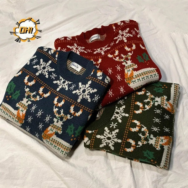 Red Green Blue Elk Print Christmas Sweaters for men\women 2024 New Winter Fashion Knitting Jumper Autumn Long Sleeve Pullovers