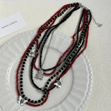 Luxurious Multi-Layer Red Beaded Flower Tassel Necklace Fashionable Choker High-End Clavicle Chain Jewelry Accessory