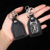 PU Leather Keychain Saint Christopher Charm Pendant Men Antique Bronze Plated Hook Keychain Car Keychain