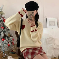 Xingqing Christmas y2k Sweaters Women Clothes Heart Print Round Neck Long Sleeve Knitted Pullover Tops 2000s Aesthetic Clothing