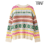 TRAF Women's Fashion 2024 Autumn and Winter Casual Loose Long Sleeve Round Neck Color-Collision Jacquard Knit Christmas Sweater