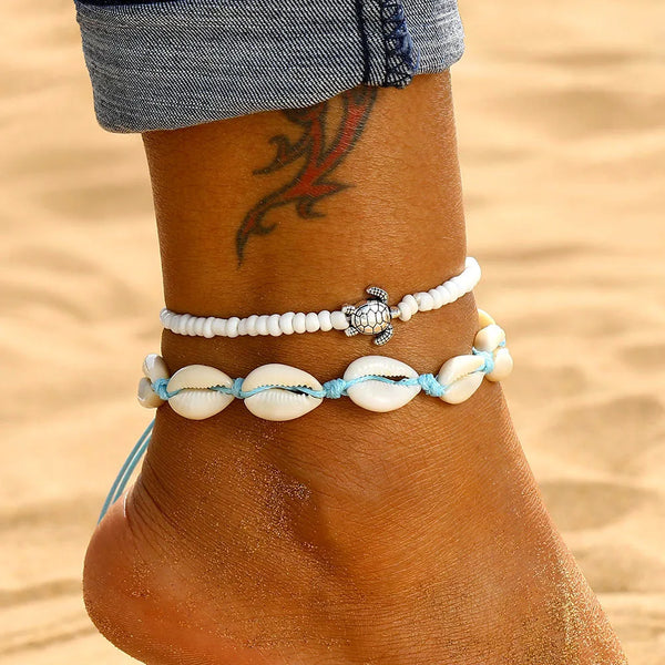2pcs/set Summer Ocean Beach Anklet Bohemian Retro Turtle Beaded Handmade Anklet & Bracelet 2025 New Trendy Leg Foot Jewelry Gift