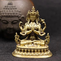 Antique Four-armed Avalokitesvara Bidhisattva Statue Desk Ornaments Tibetan Patron Saint Figurines Home Decoration Crafts
