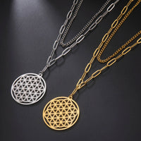 Skyrim Flower of Life Overlapping Six Ring Pendant Stainless Steel Necklace Women's Fashion Holy Mandala Talisman Jewelry Gift