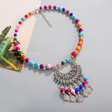 Bohemia Vintage Ethnic Leaf Red Stone Tassel Necklace For Women Gypsy Sliver Color Long Chain Necklace For Girls Tibetan Jewelry