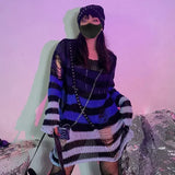 2024 Purple Striped Gothic Sweaters Women Ripped Holes Loose Knitted Pullover Frayed Fairy Grunge Jumpers Emo Streetwear Lolita
