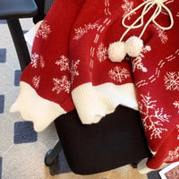 Christmas New Red Autumn and Winter Pullovers Snowflake Knitted Sweaters Thick Loose V-neck Hooded Sweet Long Sleeve Top Trendy
