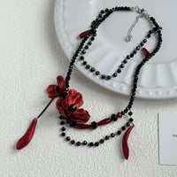 Luxurious Multi-Layer Red Beaded Flower Tassel Necklace Fashionable Choker High-End Clavicle Chain Jewelry Accessory
