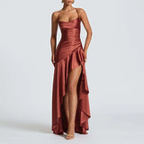 Sexy Slash Neck Slim Ruffle Banquet Dress Women Spring Backless Lace-up Long Irregular Dress Summer Sleeveless Hollow Maxi Dress