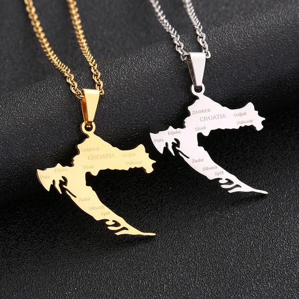 2024 New fashion stainless steel Croatia map and city necklace men's and women's geometric ethnic style collarbone chain anniver
