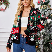 Merry Xmas Look Women's Knitted Sweater 2025 Winter Cartoon Print Full Sleeve Christmas Cardigans Knitwear Warm Soft Jacket Coat