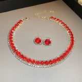 FYUAN Luxury Crystal Necklace Earrings Green Rose pink Blue Necklace for Women Weddings Party Jewelry Sets Accessories