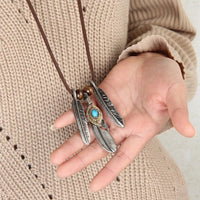 Vintage Alloy Tibetan Silver Turquoise Feathers Charms Necklace