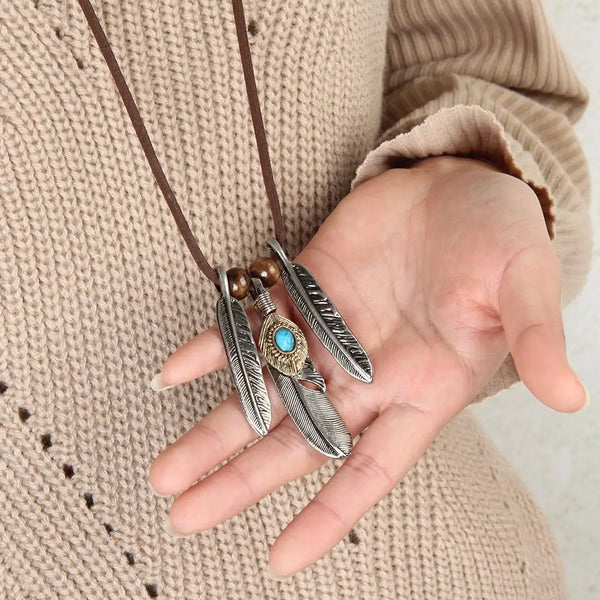 Vintage Alloy Tibetan Silver Turquoise Feathers Charms Necklace