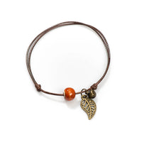 Vintage Bronze Leaf Small Bell and Colorful Flower Glazed Ceramic Bead Pendant Leather Rope Anklet Women Ethnic Style Bracelet